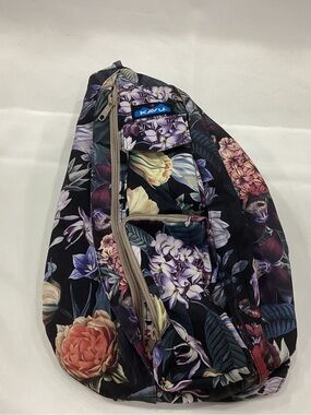 Kavu Black Floral Sling Bag with Purple, Cream and Peach Blooms